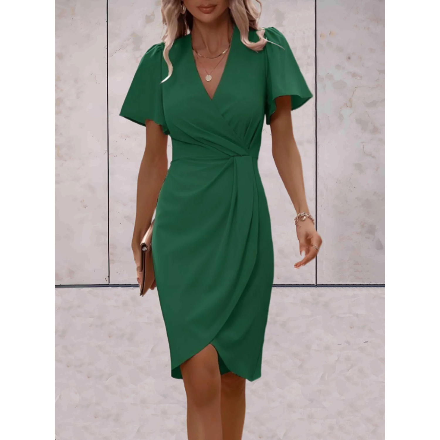 Rosa Damen Wickelkleid | V-Ausschnitt mit Flatterärmeln 3