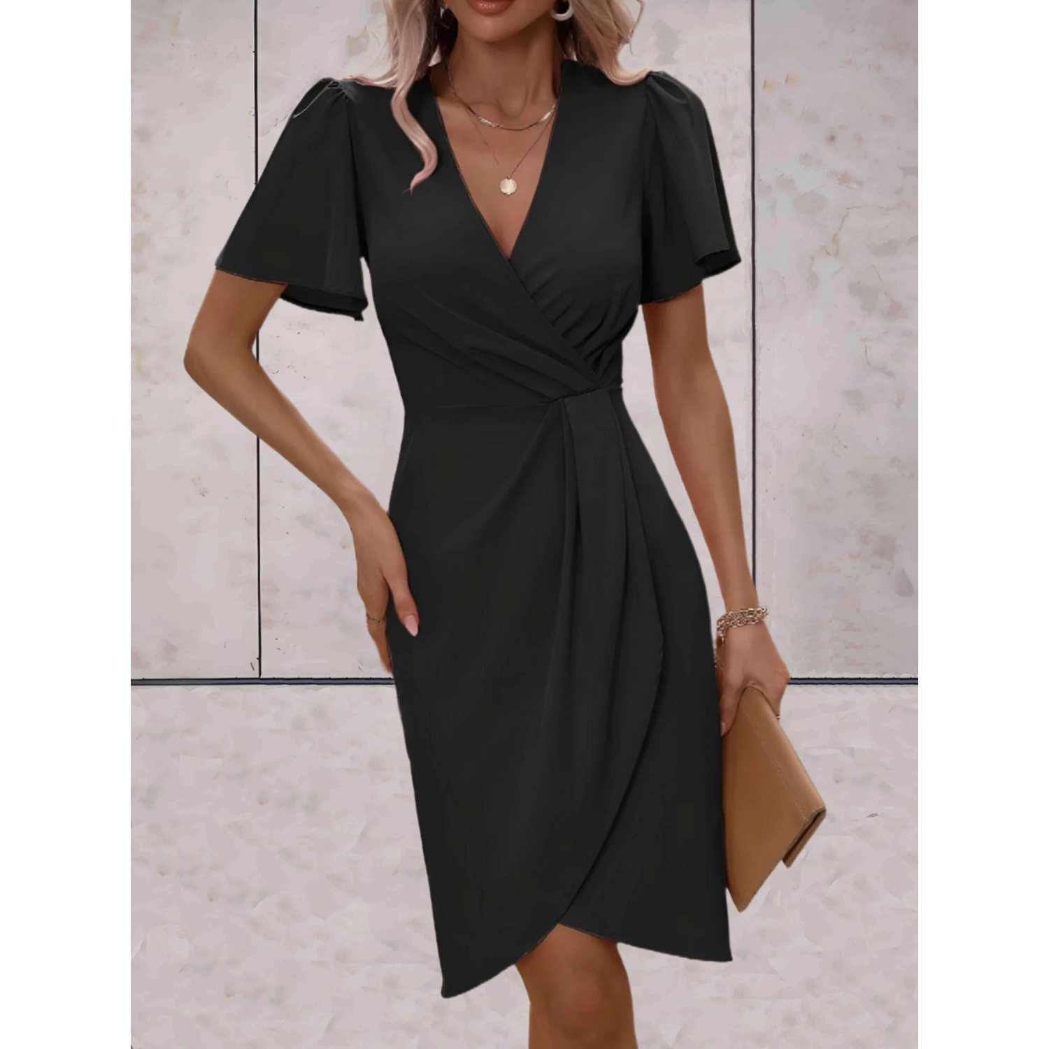Rosa Damen Wickelkleid | V-Ausschnitt mit Flatterärmeln 4