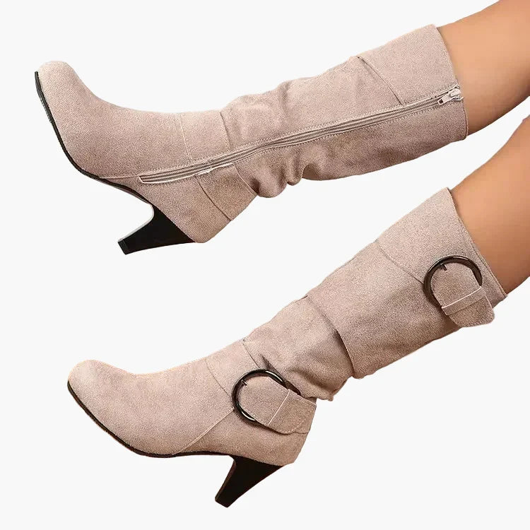 Monika Grau Kniehohe Stiefel für Damen in Veloursleder-Optik mit Schnalle | Herbst Casual - EU 36-43