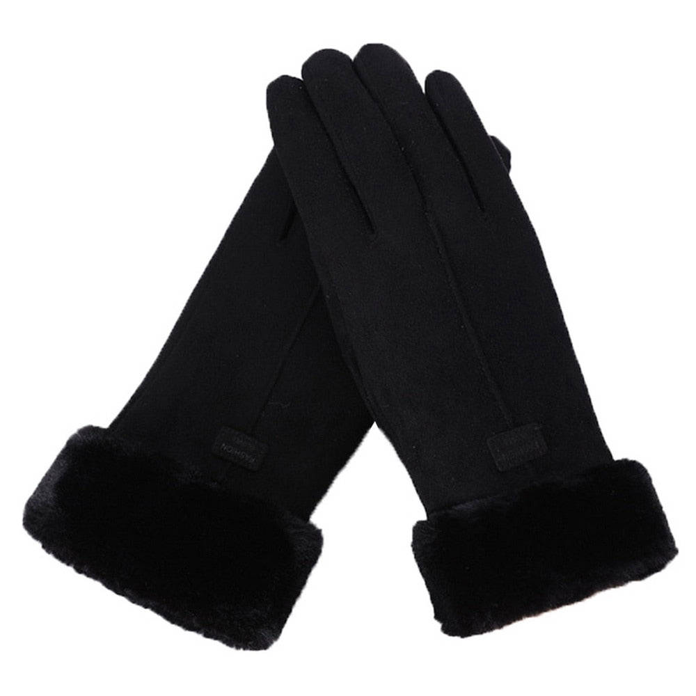Beatrice Blau Wasserdichte Winterhandschuhe für Damen mit Kunstfell-Bündchen | Touchscreen-Funktion Veloursleder-Optik Casual