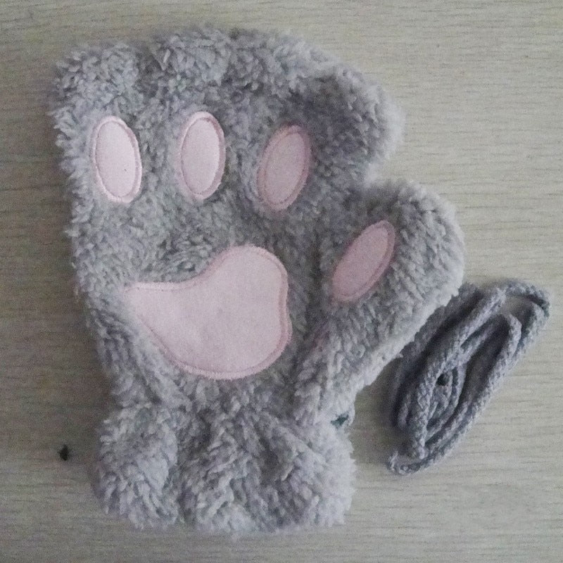 Vreni Beige Fingerlose Plüsch-Handschuhe mit Pfotenaufdruck für Damen | Kuscheliger Winter Casual Stil - Einheitsgrösse