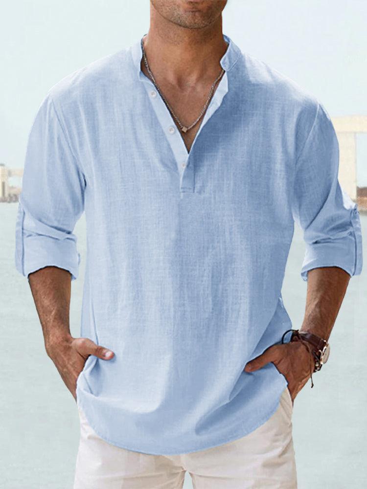 Heinz Hellblau Leinenhemd mit Stehkragen und Henley-Knopfleiste für Herren | Luftig Lässiger Stil - XS/S/M/L/XL/2XL/3XL/4XL