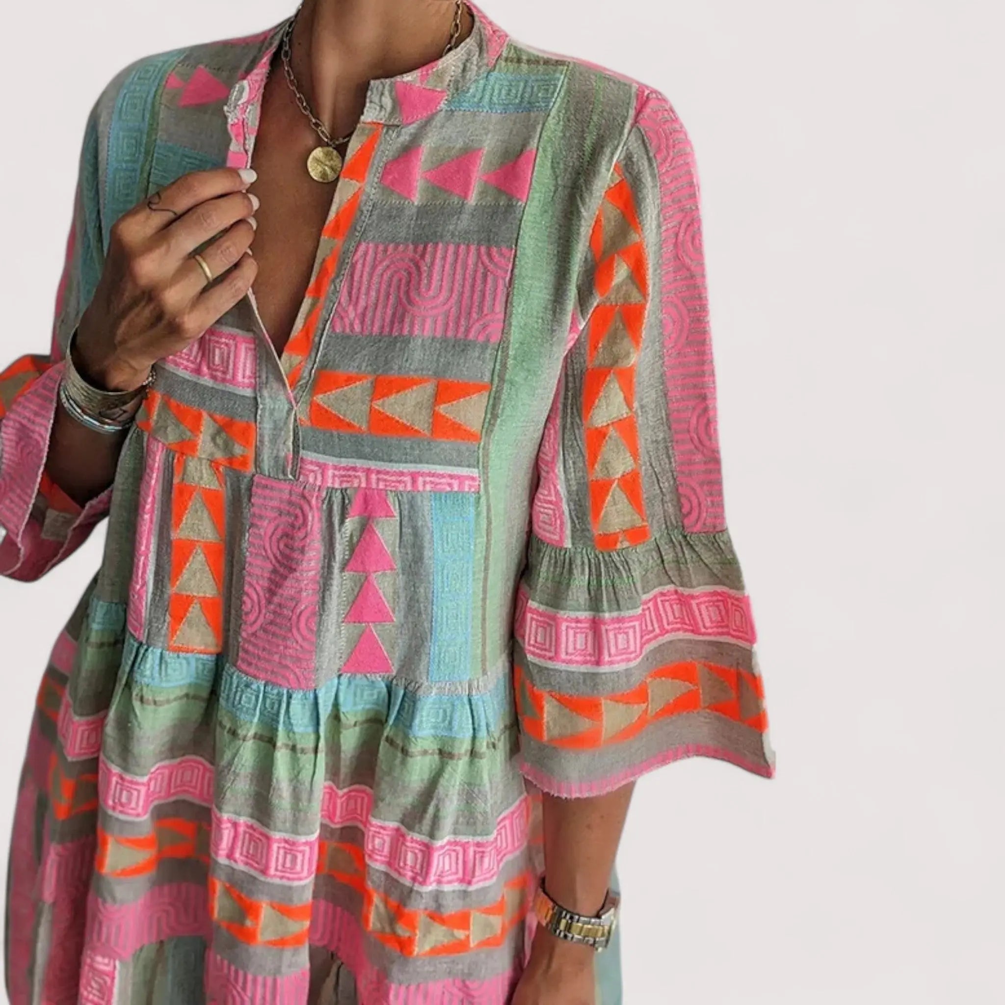 Hannelore Mehrfarbiges Geometrisches Stufenkleid für Damen | Lockere Swing-Passform Boho-Stil
