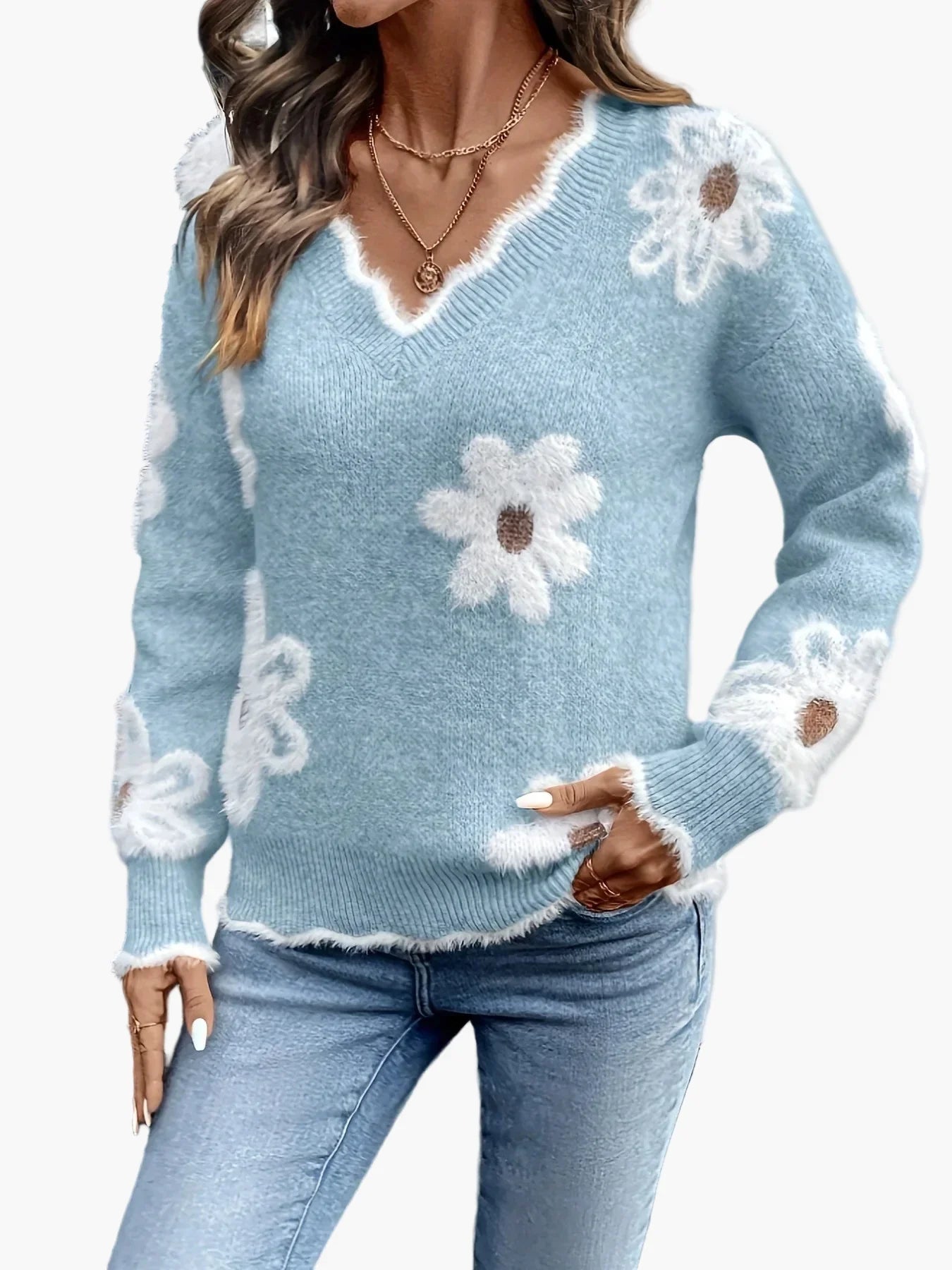 Beatrix Armeegrün Geblümter Strickpullover mit V-Ausschnitt für Damen | Casual Blumenmuster Freizeit - S/M/L/XL/2XL