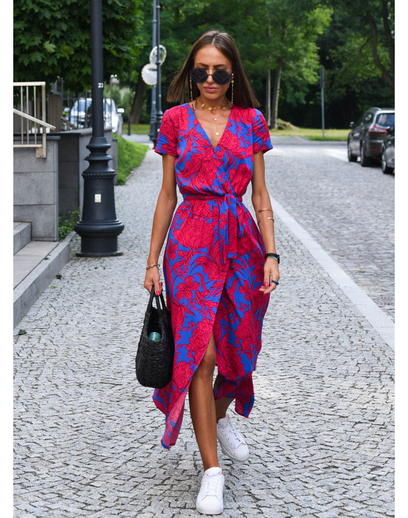 Monika Rot/Blau Florales Wickel-Maxikleid für Damen | Femininer Wickelschnitt | Sommer & Alltag - S/M/L/XL/2XL