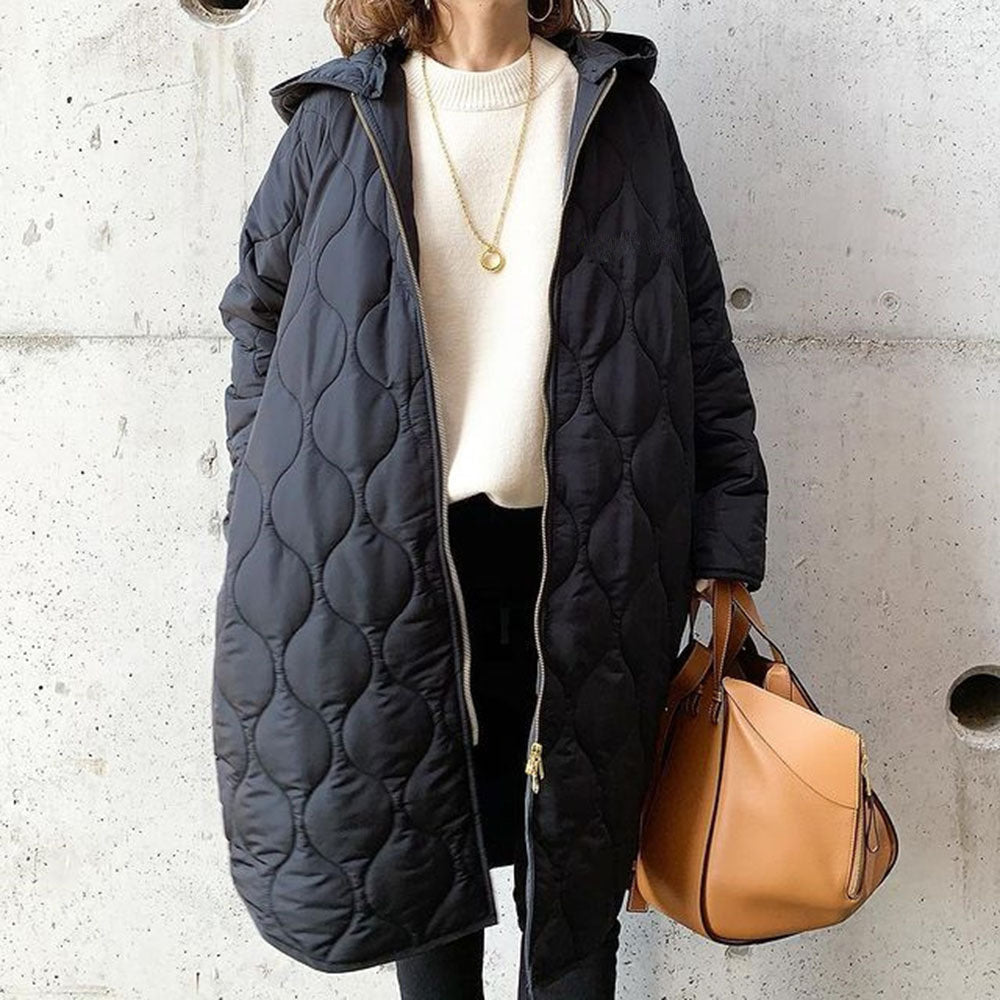 Vreni Blau Gesteppter Wintermantel mit Kapuze für Damen | Midi Casual Stil - Einheitsgrösse