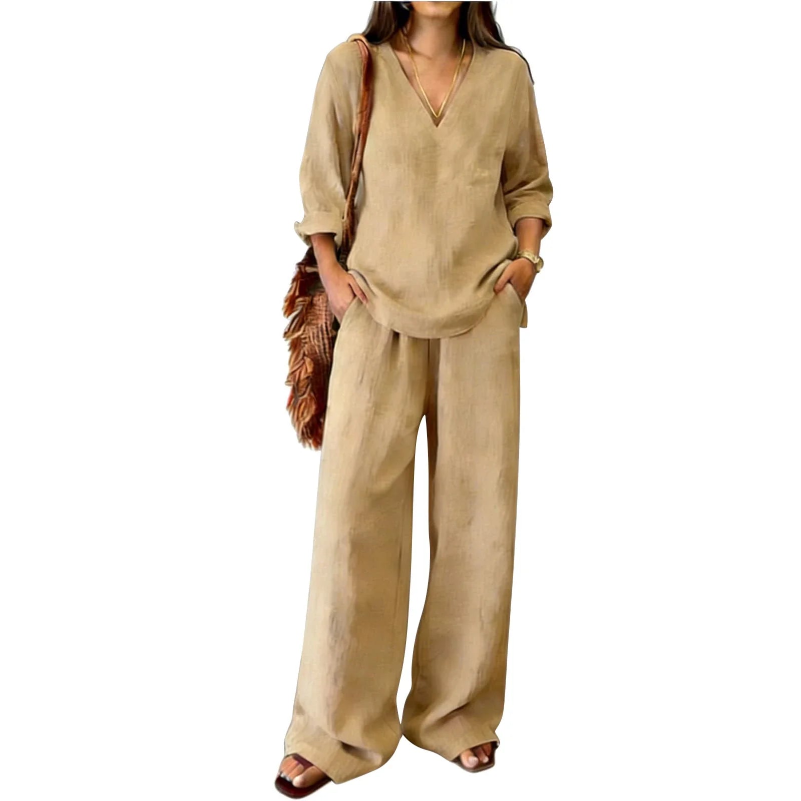 Susanne Khaki Leinen Zweiteiler V-Ausschnitt Tunika und Weithose für Damen | Eleganter Komfort | Sommerurlaub und Alltag - S-XXL