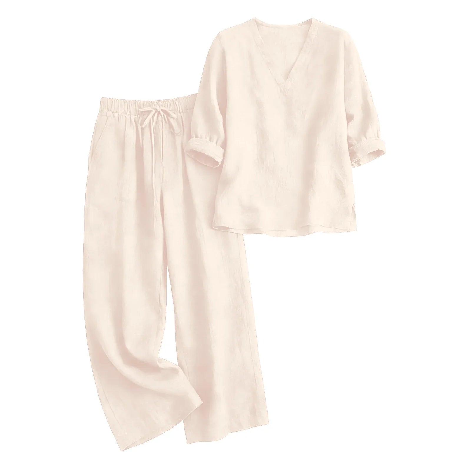 Susanne Khaki Leinen Zweiteiler V-Ausschnitt Tunika und Weithose für Damen | Eleganter Komfort | Sommerurlaub und Alltag - S-XXL