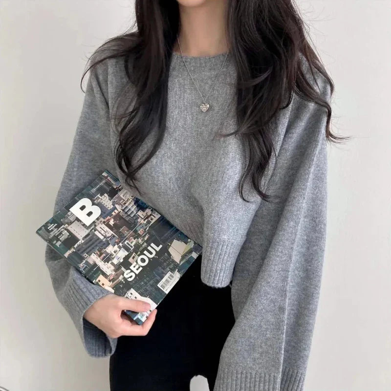 Beatrice Blau Oversized Cropped Strickpullover für Damen | Rundhalsausschnitt Casual Alltag - Einheitsgrösse