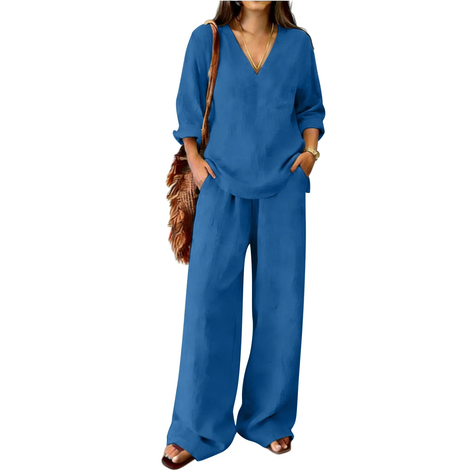 Susanne Khaki Leinen Zweiteiler V-Ausschnitt Tunika und Weithose für Damen | Eleganter Komfort | Sommerurlaub und Alltag - S-XXL