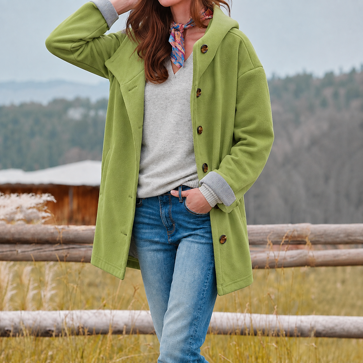 Silvia Grün Flauschiger Damenmantel mit Schalkragen und Knöpfen für Damen | Herbst Winter Casual - S/M/L/XL/2XL/3XL