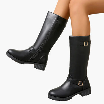 Ursula Schwarz Kniehohe Stiefel mit Schnalle für Damen | Leder-Optik Blockabsatz Reitstiefel-Look - EU 35-43