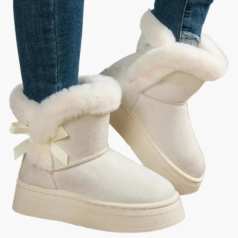 Annemarie Braun Veloursleder-Optik Kunstfell-Winterstiefel für Damen | Plateau Schleife Winter Casual - EU 36-44