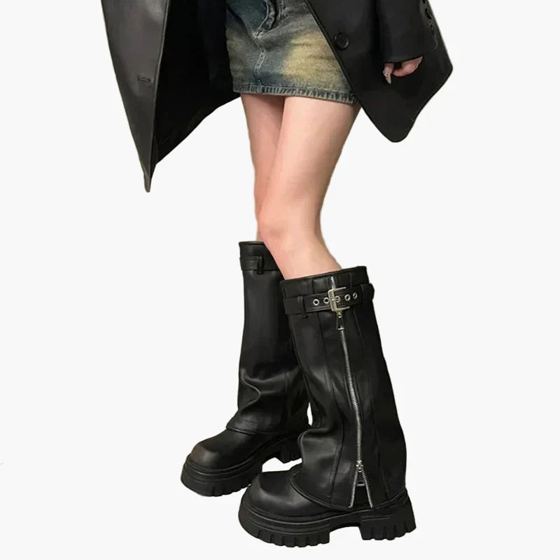 Heidi Schwarz Plateau Stiefel mit Reissverschluss für Damen | Leder-Optik Schnalle Urban Stil - EU 35/36/37/38/39/40