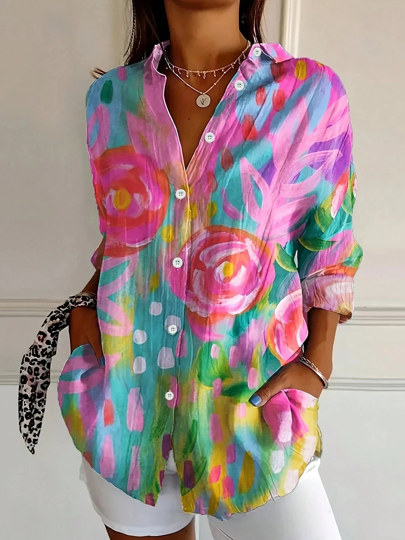 Vreni Pink Bedruckt Geblümt Button-Down Bluse für Damen | Luftige Relaxed Passform | Alltag und Freizeit | Inkl. Seitentaschen - S-5XL