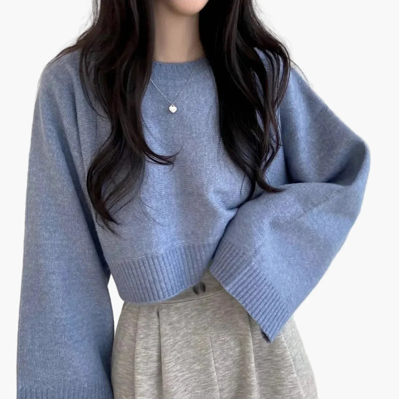 Beatrice Blau Oversized Cropped Strickpullover für Damen | Rundhalsausschnitt Casual Alltag - Einheitsgrösse