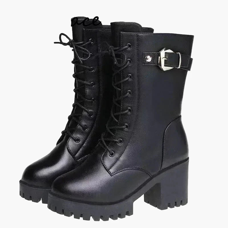 Inge Schwarz Gefütterte Schnürstiefel mit Blockabsatz für Damen | Leder-Optik Plateausohle Winter - EU 35-42
