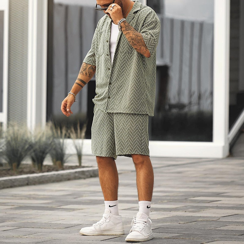 Werner Grau Kurzarm-Hemd und Shorts Set für Herren | Leichtes Relaxed Fit Sommer-Set | Vintage Textur-Muster - S/M/L/XL/2XL/3XL