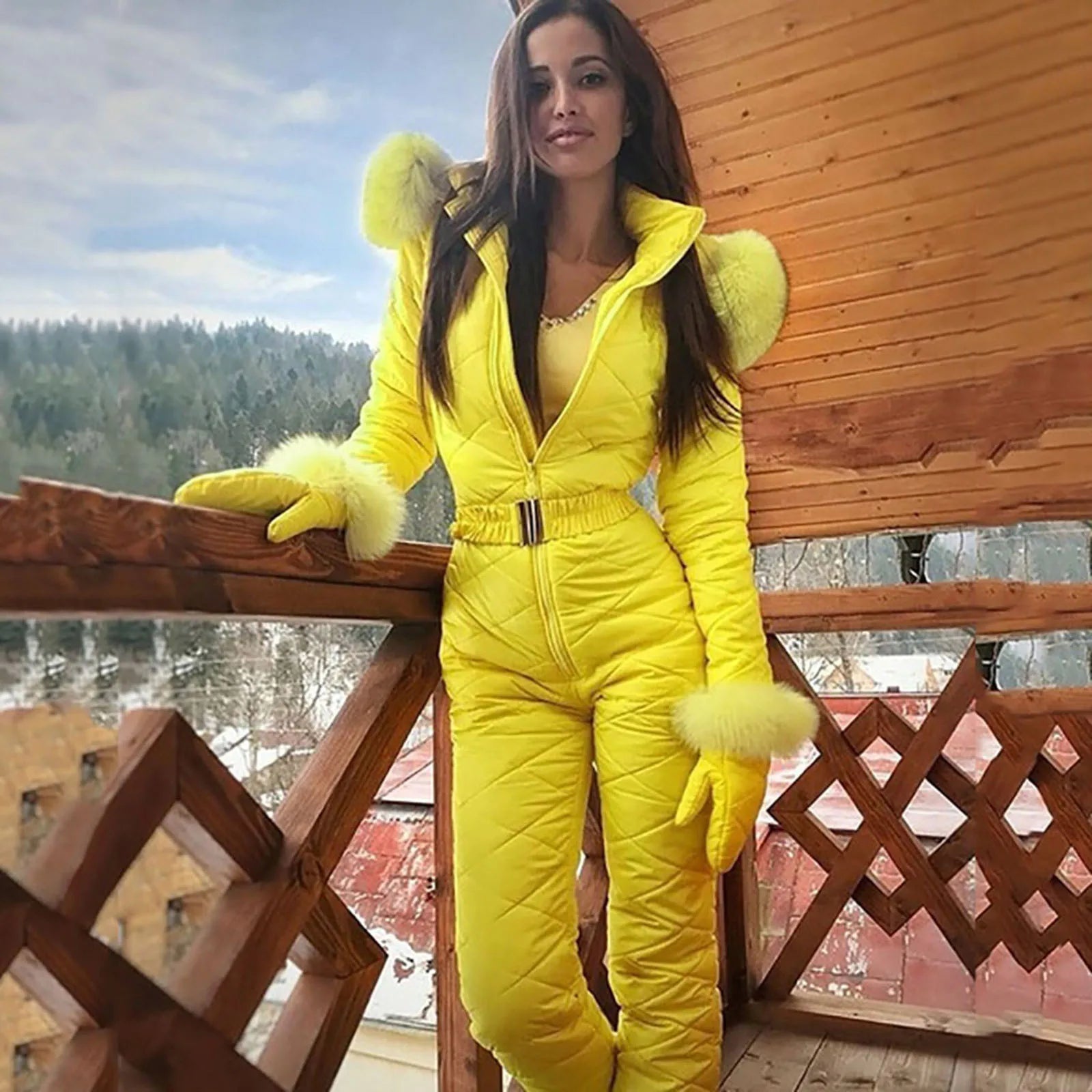 Käthe Gelb Gesteppter Winter-Jumpsuit mit Kapuze und Kunstfell für Damen | Einteilig mit Fäustlingen - S-5XL