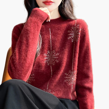Annemarie Weiss Strass-Schneeflocken Strickpullover für Damen | Rundhalsausschnitt Winter Festlich - S/M/L/XL/2XL