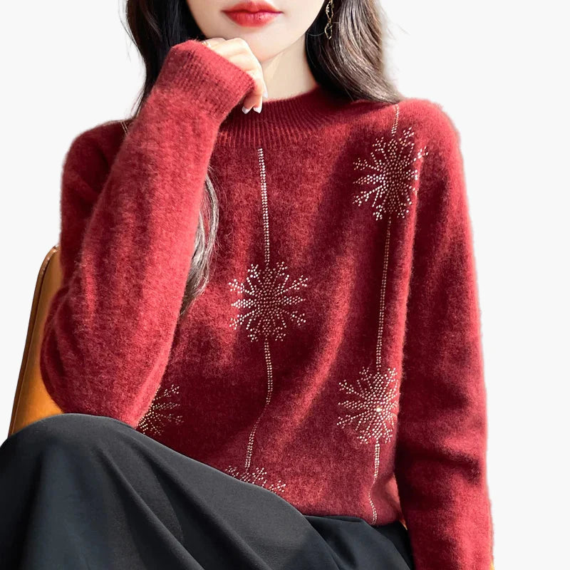 Annemarie Weiss Strass-Schneeflocken Strickpullover für Damen | Rundhalsausschnitt Winter Festlich - S/M/L/XL/2XL