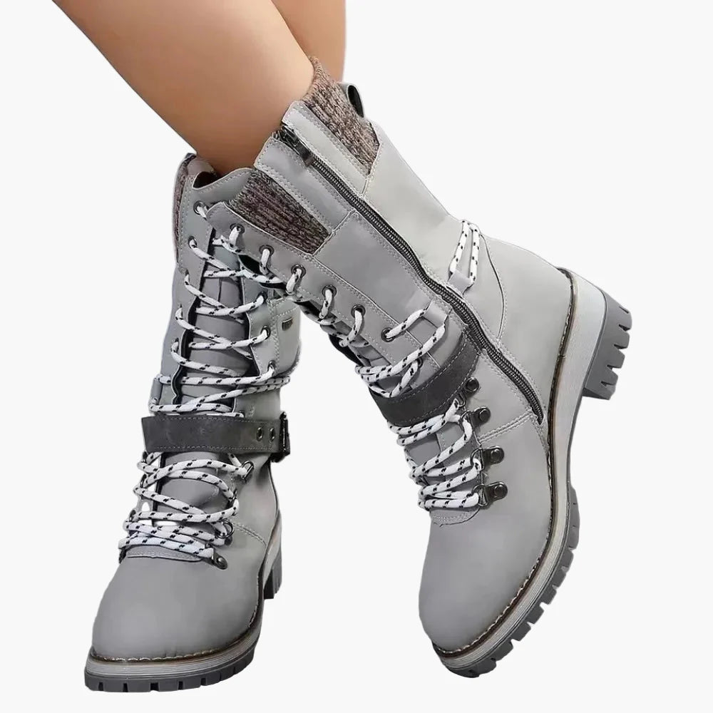Elisabeth Grau Gefütterte Outdoor-Schnürstiefel für Damen | Warmfutter Profilsohle Strickabschluss Winter - EU 36-43