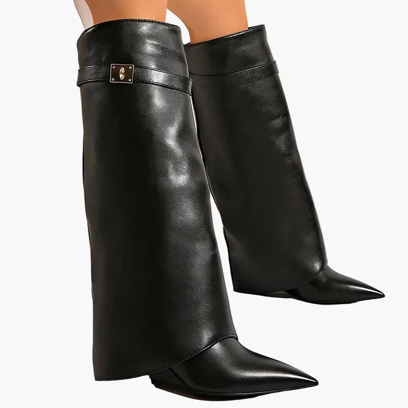 Margrit Schwarz Slouchy Kniehohe Stiefel in Leder-Optik für Damen | Spitze Zehenpartie Goldschnalle Herbst - EU 35-42