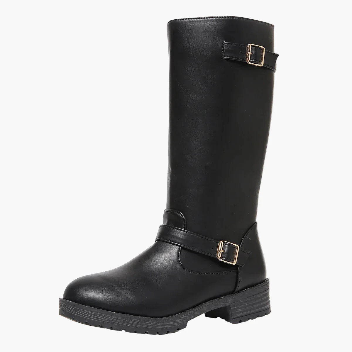 Ursula Schwarz Kniehohe Stiefel mit Schnalle für Damen | Leder-Optik Blockabsatz Reitstiefel-Look - EU 35-43