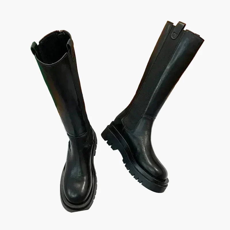 Vreni Schwarz Kniehohe Leder-Optik Plateau-Stiefel für Damen | Chunky-Sohle Stretcheinsatz Herbst Winter - EU 35-41