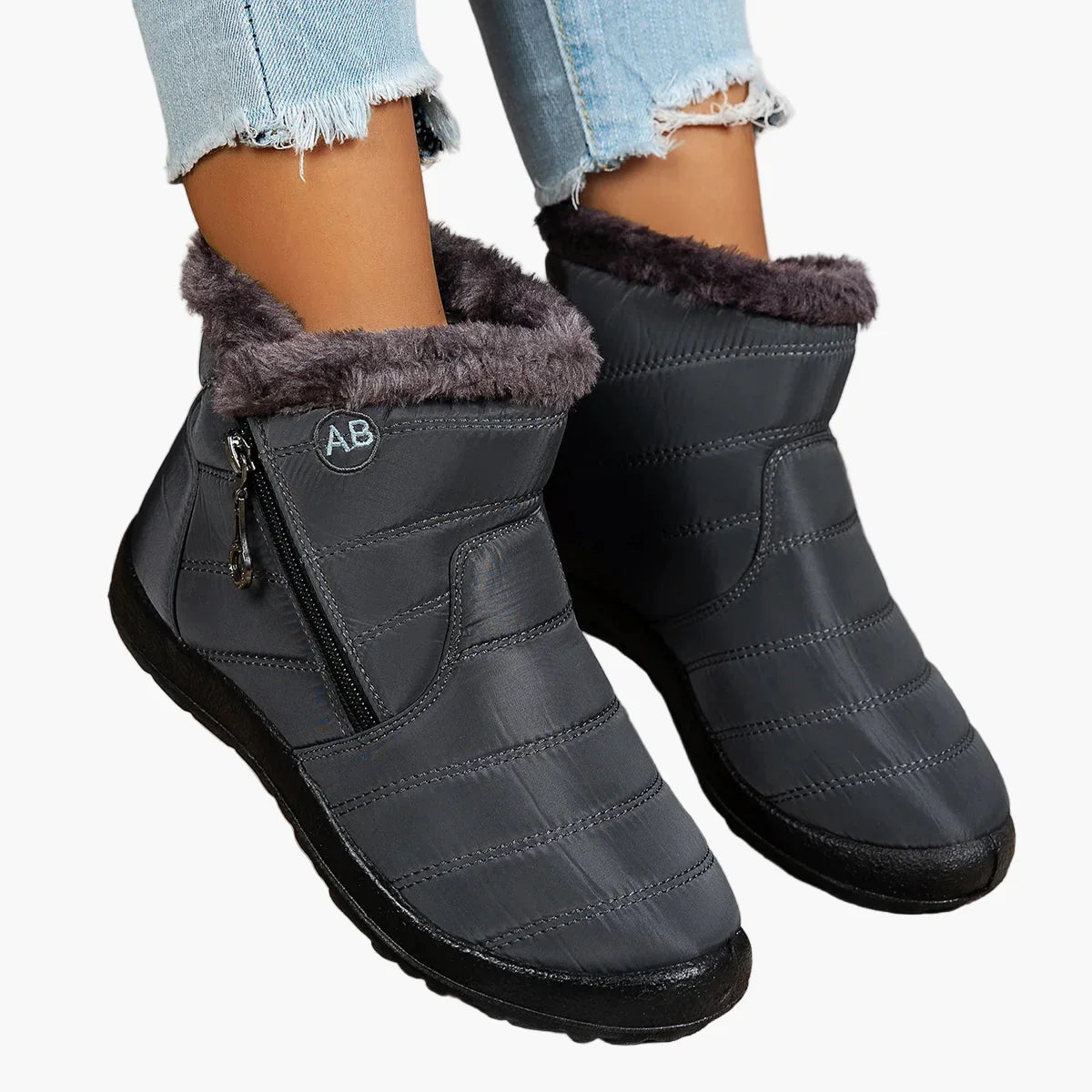 Ursula Schwarz Wasserdichte Gefütterte Winterstiefel für Damen | Steppoptik Kunstfell-Kragen Flache Sohle - EU 35-44
