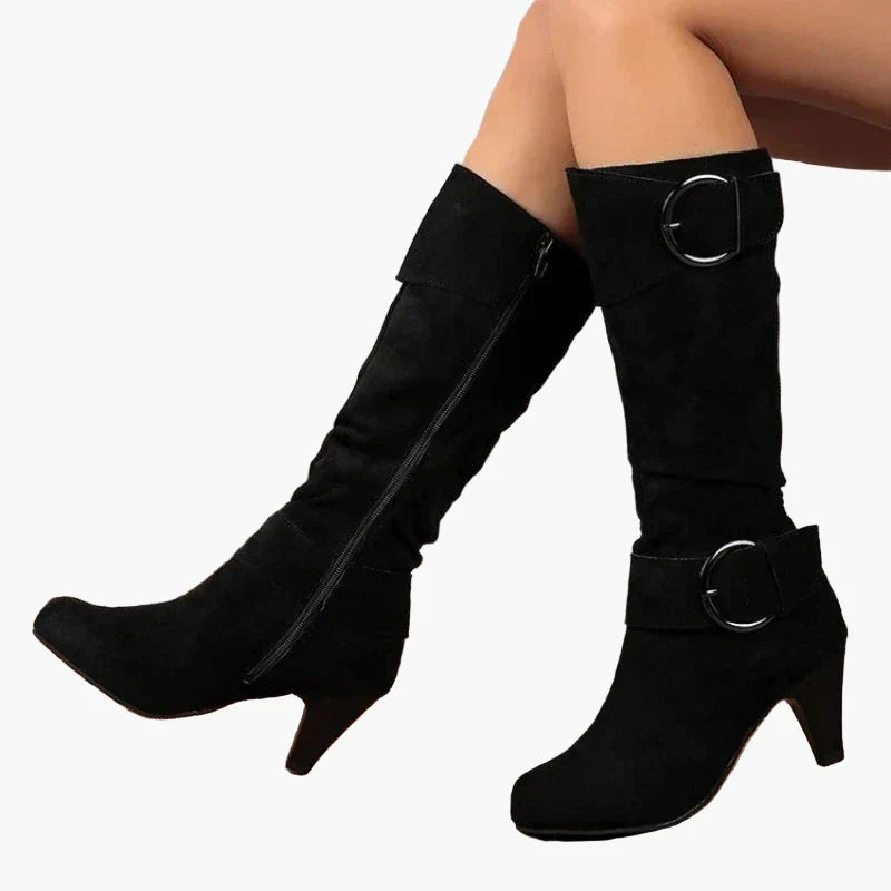 Monika Grau Kniehohe Stiefel für Damen in Veloursleder-Optik mit Schnalle | Herbst Casual - EU 36-43