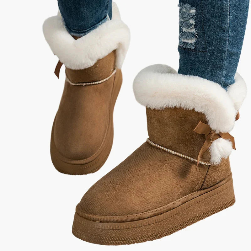Annemarie Braun Veloursleder-Optik Kunstfell-Winterstiefel für Damen | Plateau Schleife Winter Casual - EU 36-44