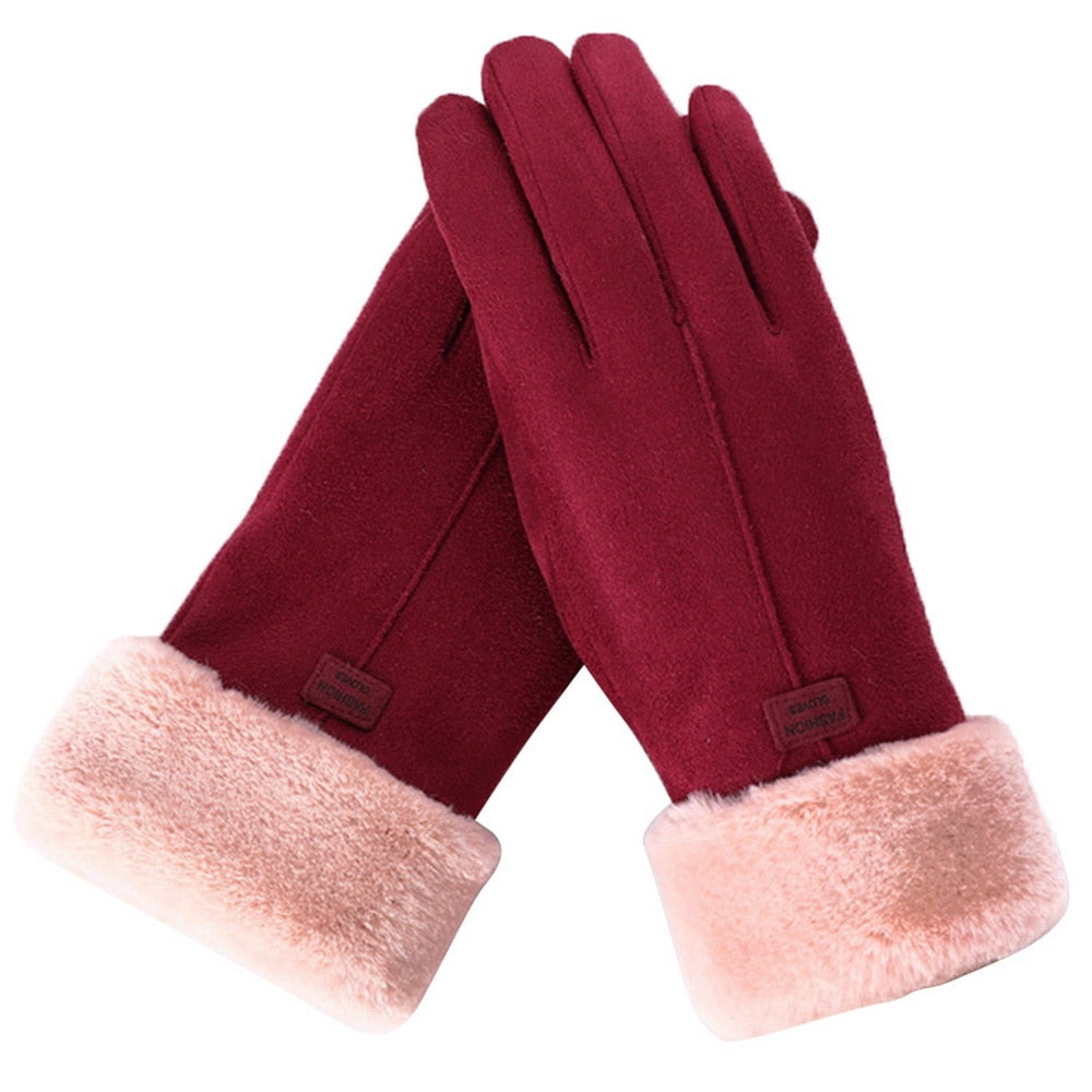 Beatrice Blau Wasserdichte Winterhandschuhe für Damen mit Kunstfell-Bündchen | Touchscreen-Funktion Veloursleder-Optik Casual