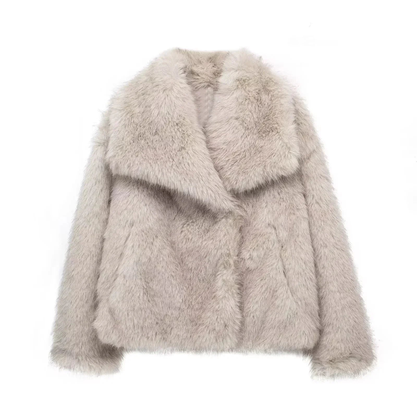 Klara Beige Kurze Kunstfell-Jacke für Damen | Plüschjacke Winter mit grossem Kragen - XS/S/M/L