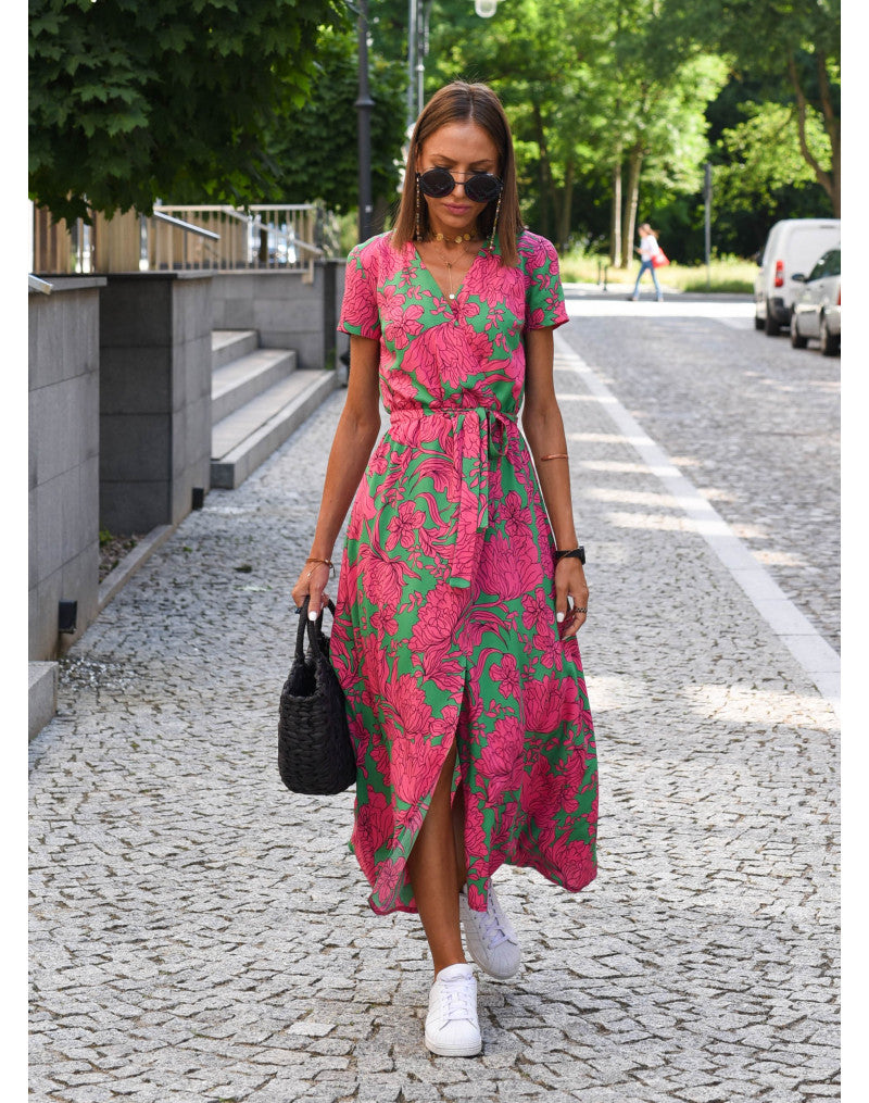Monika Rot/Blau Florales Wickel-Maxikleid für Damen | Femininer Wickelschnitt | Sommer & Alltag - S/M/L/XL/2XL