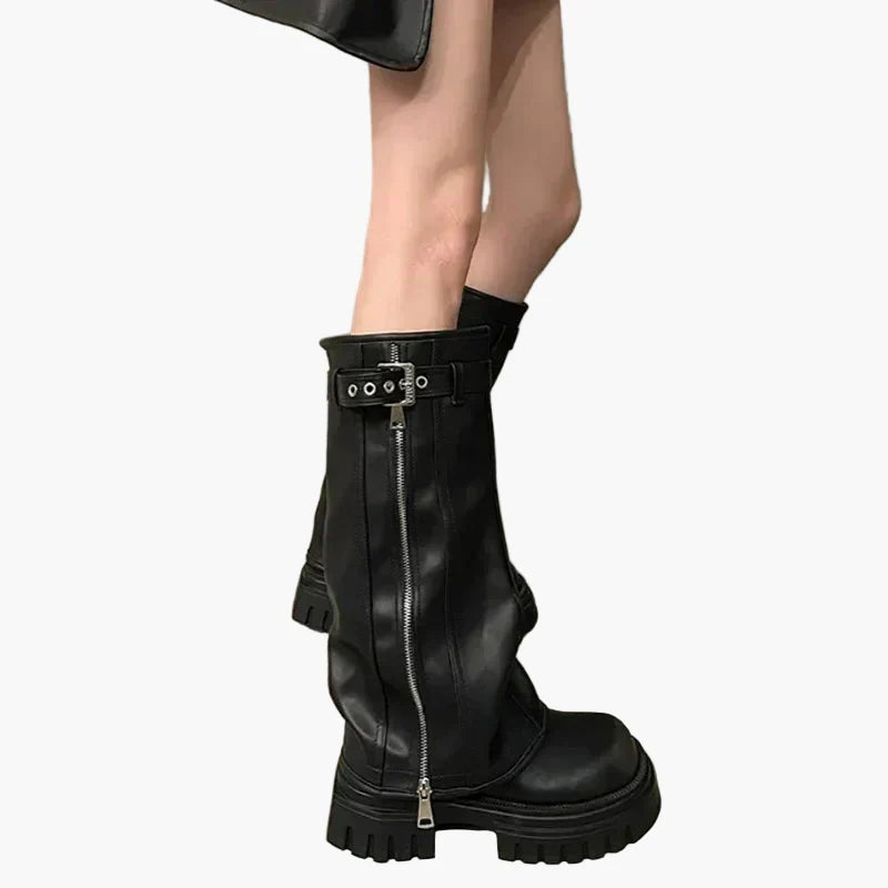 Heidi Schwarz Plateau Stiefel mit Reissverschluss für Damen | Leder-Optik Schnalle Urban Stil - EU 35/36/37/38/39/40