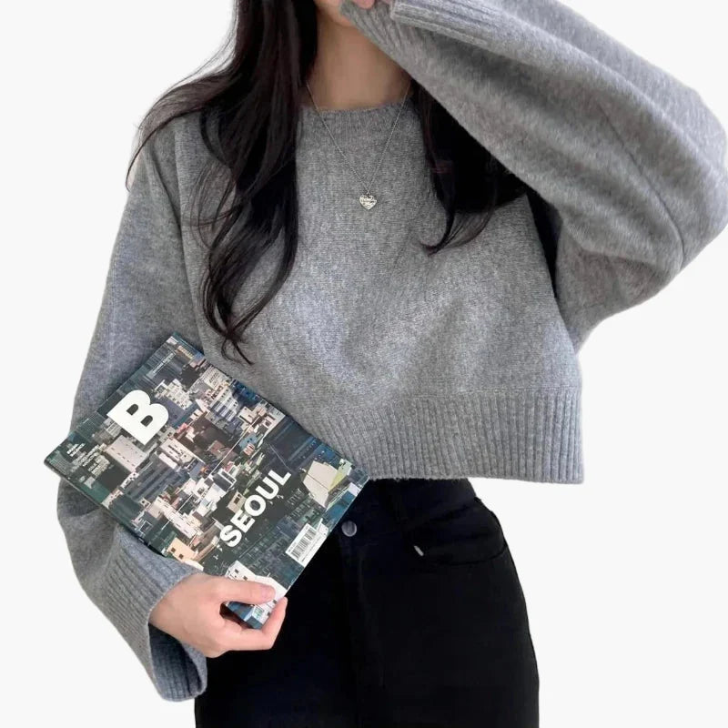 Beatrice Blau Oversized Cropped Strickpullover für Damen | Rundhalsausschnitt Casual Alltag - Einheitsgrösse