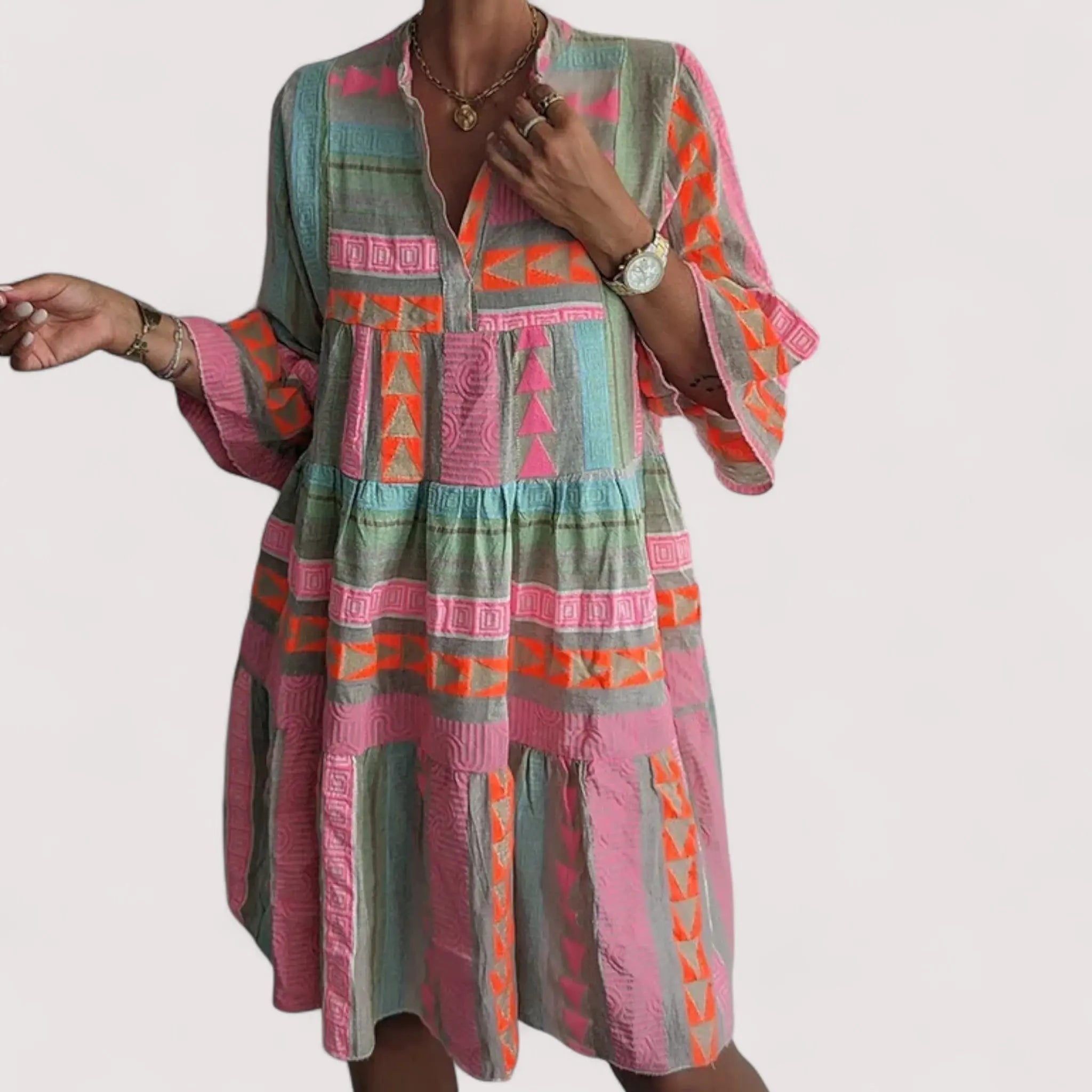 Hannelore Mehrfarbiges Geometrisches Stufenkleid für Damen | Lockere Swing-Passform Boho-Stil