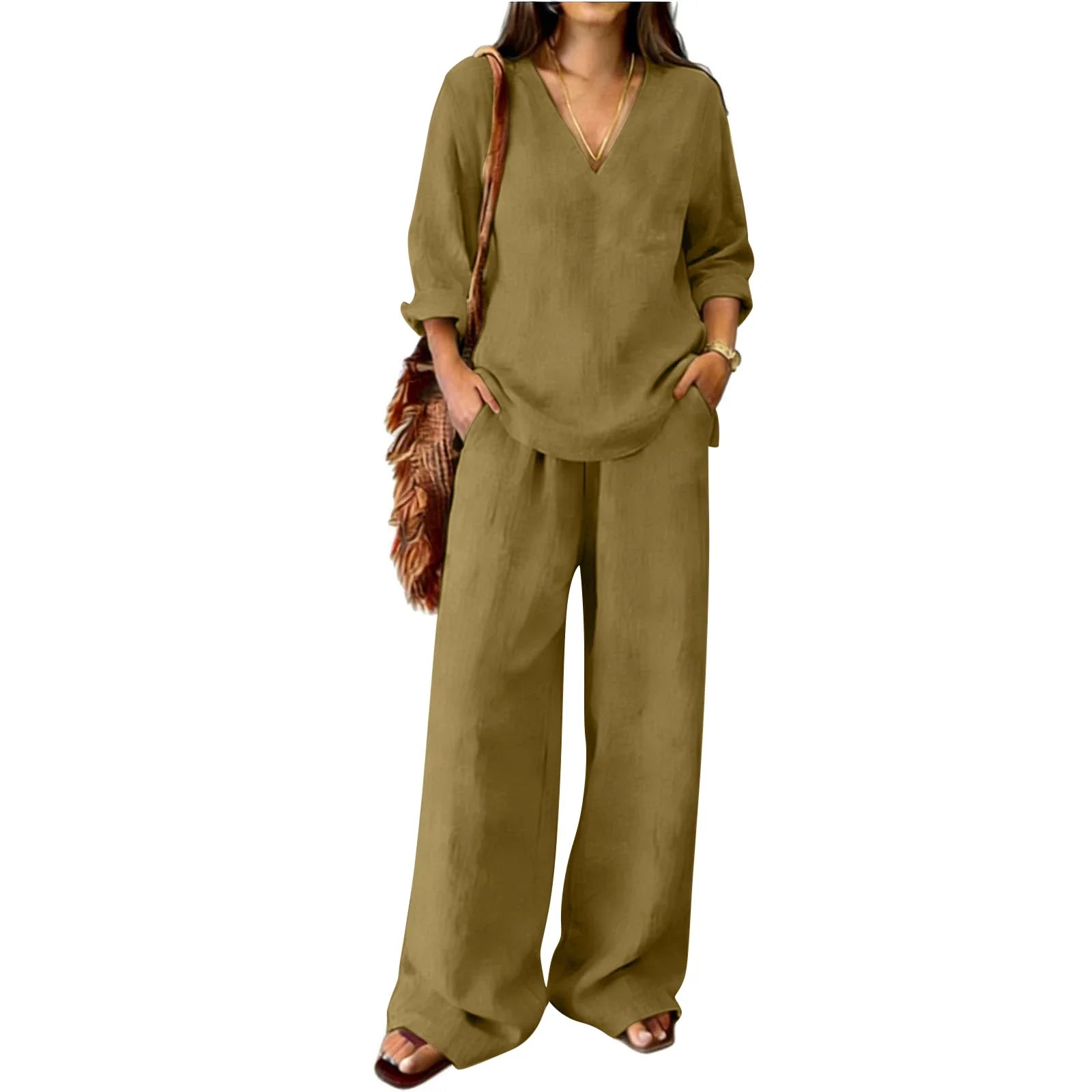 Susanne Khaki Leinen Zweiteiler V-Ausschnitt Tunika und Weithose für Damen | Eleganter Komfort | Sommerurlaub und Alltag - S-XXL