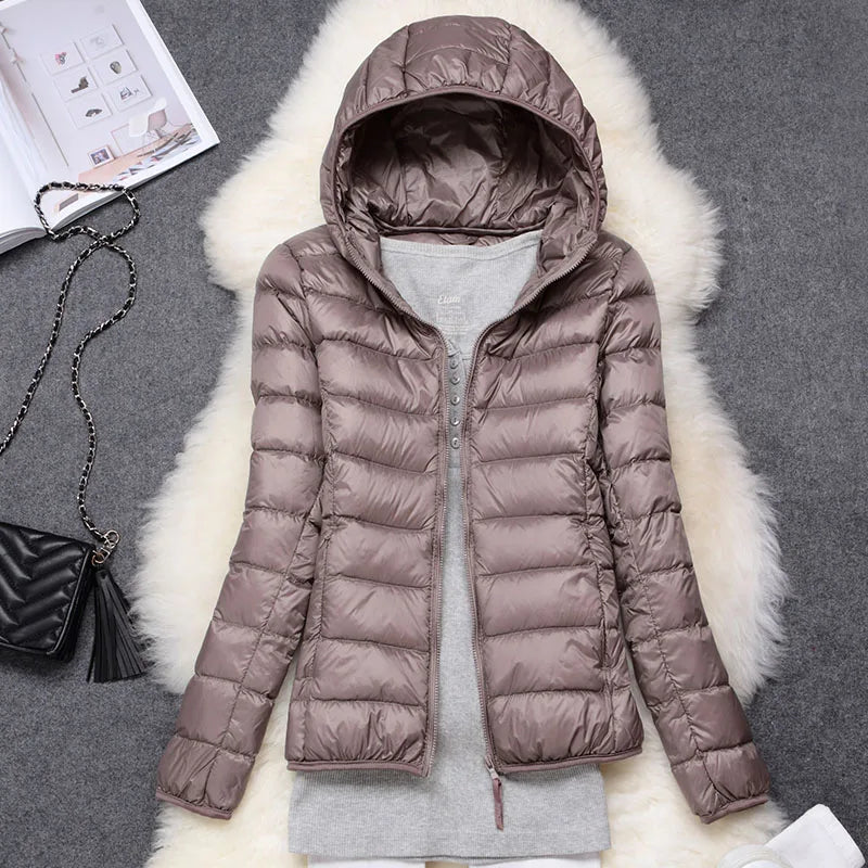 Seline Khaki Ultraleichte Faltbare Daunenjacke mit Kapuze für Damen | Steppjacke Winter Reise Casual - S/M/L/XL/2XL/XXXL
