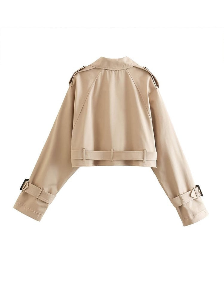 Wilma Beige Kurzer Zweireihiger Trenchcoat für Damen | Gürtel Schulterpasse Klassischer Stil