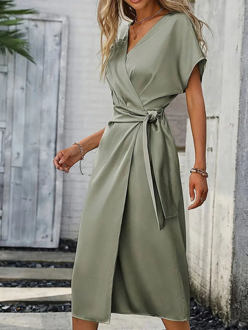 Monika Salbeigrün Wickelkleid mit Bindegürtel für Damen | Figurbetonend Elegant | Sommer | V-Ausschnitt - S-3XL