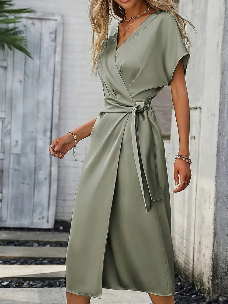 Monika Salbeigrün Wickelkleid mit Bindegürtel für Damen | Figurbetonend Elegant | Sommer | V-Ausschnitt - S-3XL