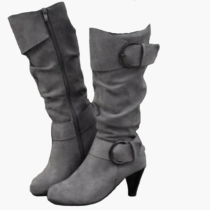 Monika Grau Kniehohe Stiefel für Damen in Veloursleder-Optik mit Schnalle | Herbst Casual - EU 36-43
