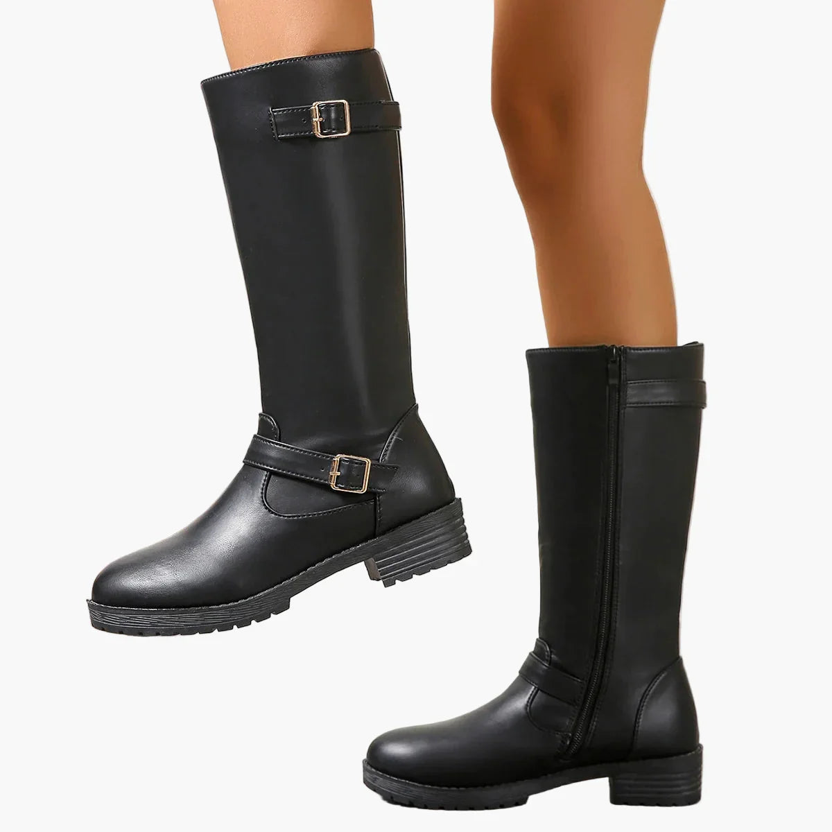 Ursula Schwarz Kniehohe Stiefel mit Schnalle für Damen | Leder-Optik Blockabsatz Reitstiefel-Look - EU 35-43