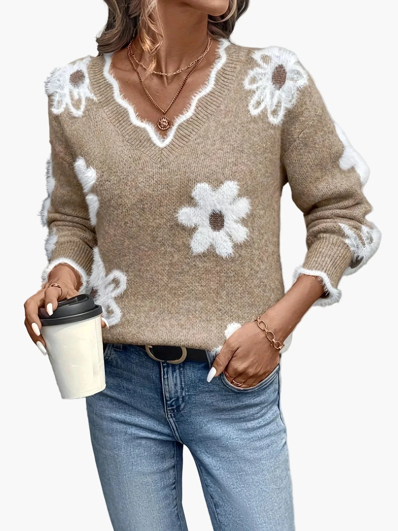 Beatrix Armeegrün Geblümter Strickpullover mit V-Ausschnitt für Damen | Casual Blumenmuster Freizeit - S/M/L/XL/2XL