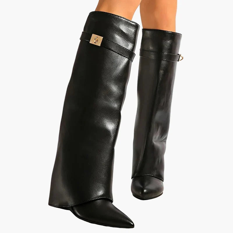 Margrit Schwarz Slouchy Kniehohe Stiefel in Leder-Optik für Damen | Spitze Zehenpartie Goldschnalle Herbst - EU 35-42