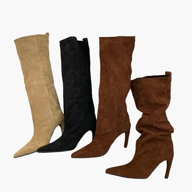 Rosemarie Aprikose Kniehohe Slouchy Stiefel in Veloursleder-Optik für Damen | Stilettoabsatz Spitzer Zehenpart Herbst Winter - 35/36/37/38/39/40/41/42