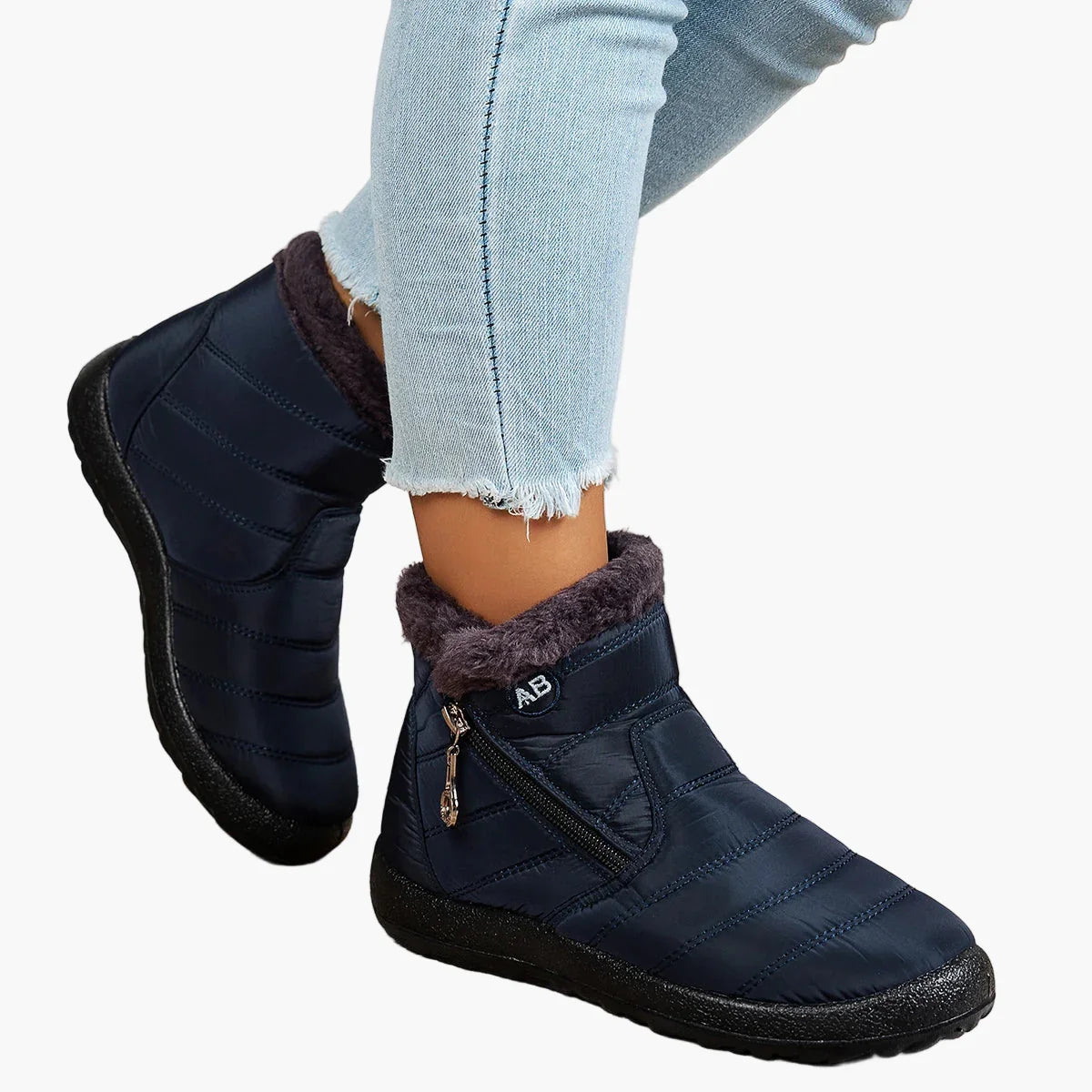 Ursula Schwarz Wasserdichte Gefütterte Winterstiefel für Damen | Steppoptik Kunstfell-Kragen Flache Sohle - EU 35-44