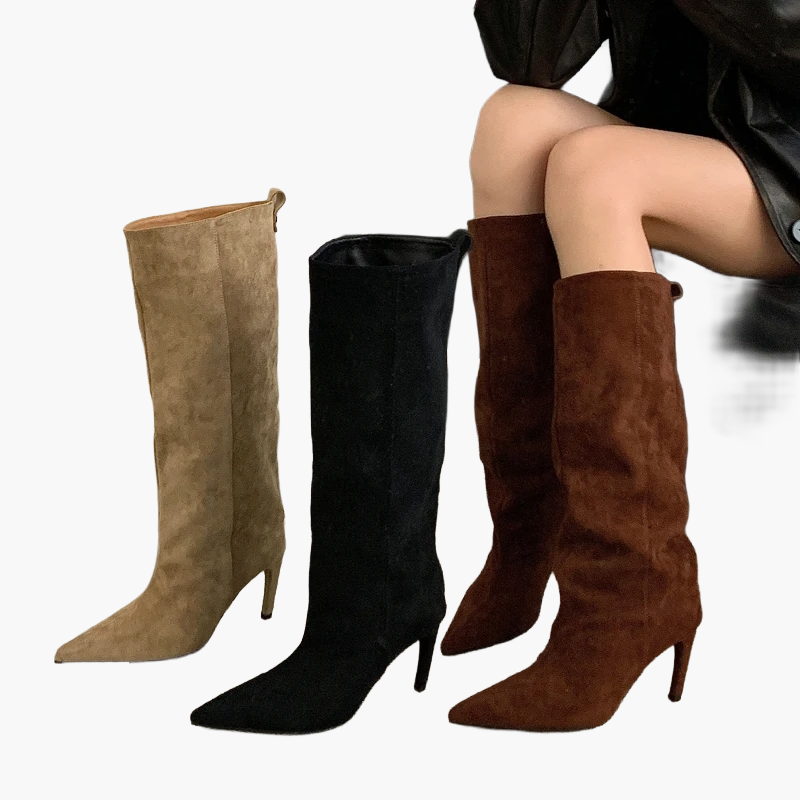 Rosemarie Aprikose Kniehohe Slouchy Stiefel in Veloursleder-Optik für Damen | Stilettoabsatz Spitzer Zehenpart Herbst Winter - 35/36/37/38/39/40/41/42